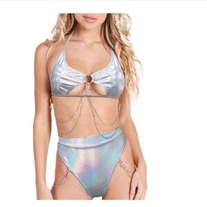 Holographic Silver Bikini with Chain Details